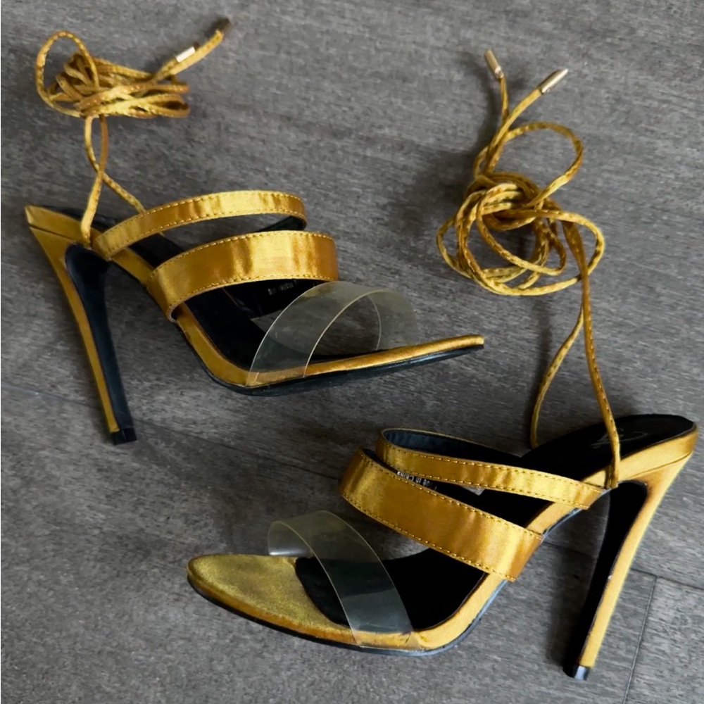 Windsor Strappy Tie Satin Gold Lace-up Clear Strap Mule Heels